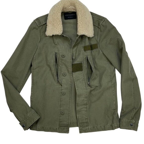 AllSaints Mens Rai Jacket XXS 2XS Green Military Sheepskin Collar Utility Fall - Picture 4 of 12